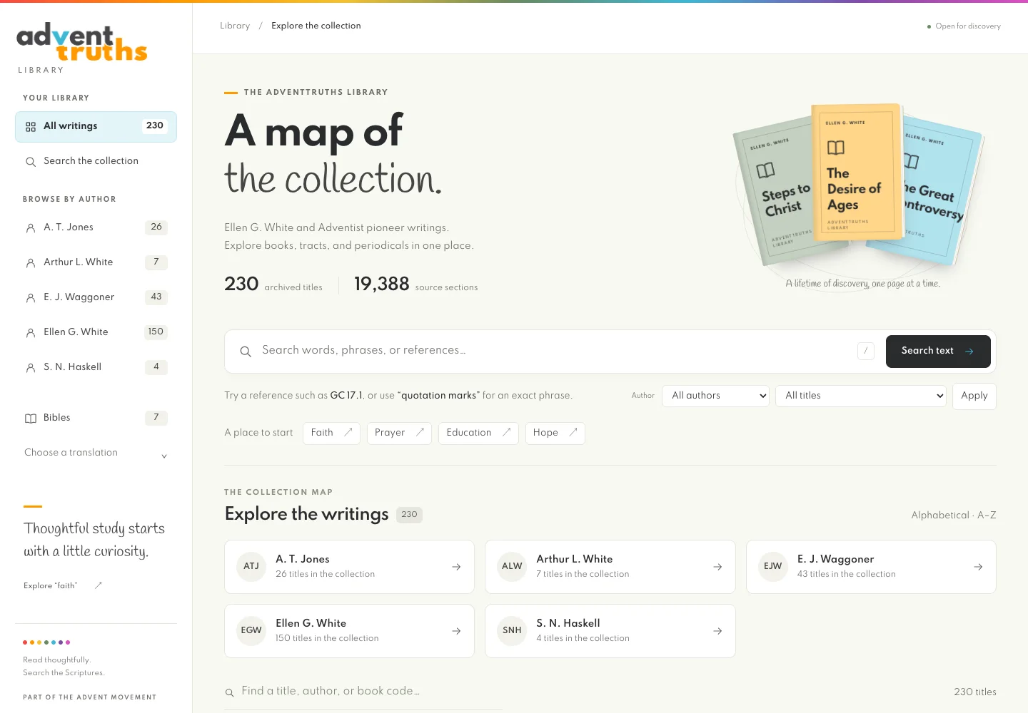 The library collection explorer, with author browsing, book covers, Bible translations, and a search field.